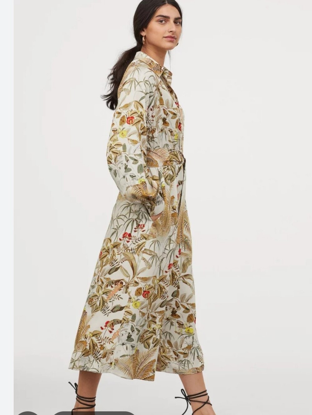 💚H&M Floral Botanical Long Sleeve Shirt Dress